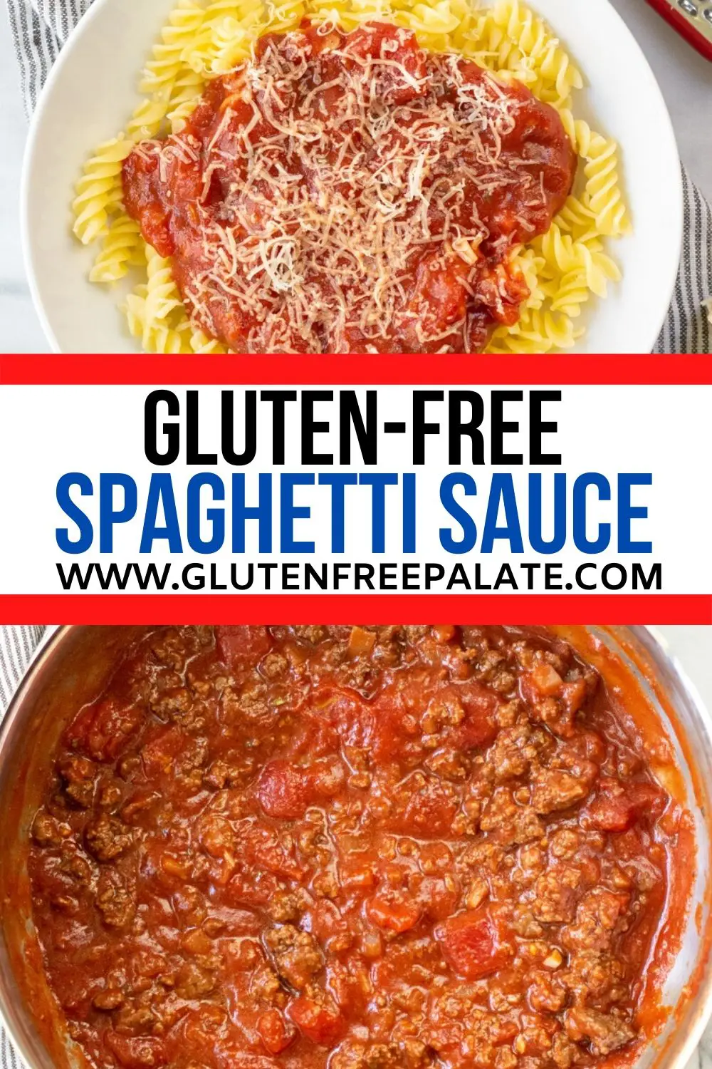 pinterest pin collage of two photos of spaghetti sauce with the words gluten free spaghetti sauce in text in the center