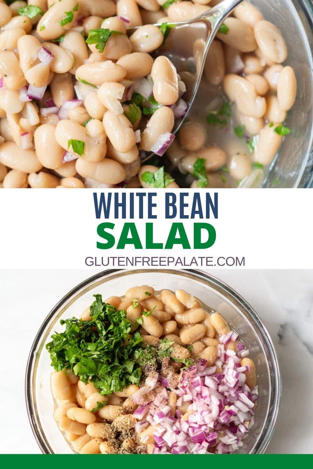 a pinterest pin collage of two photos of white bean salad