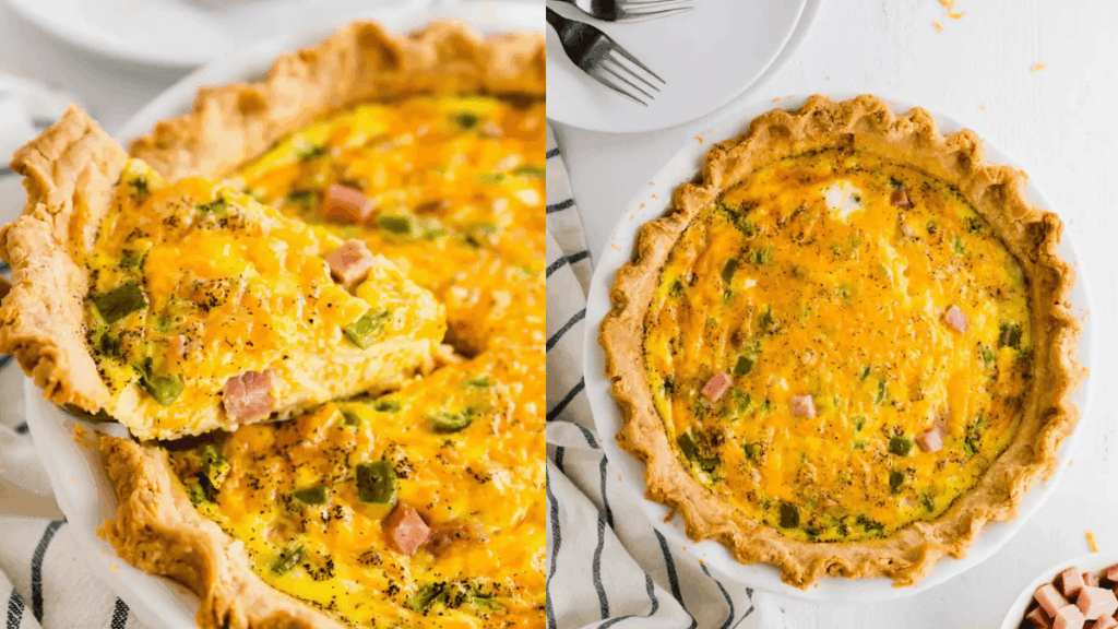 Gluten-free quiche shown side by side as a slice and from above.