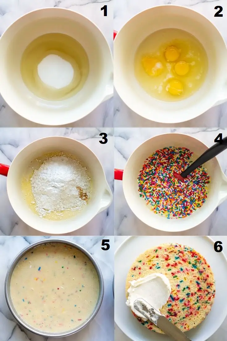 a collage of six photos showing how to make gluten free funfetti cake
