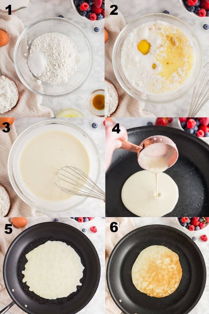 a collage of six photos showing how to make gluten-free crepes