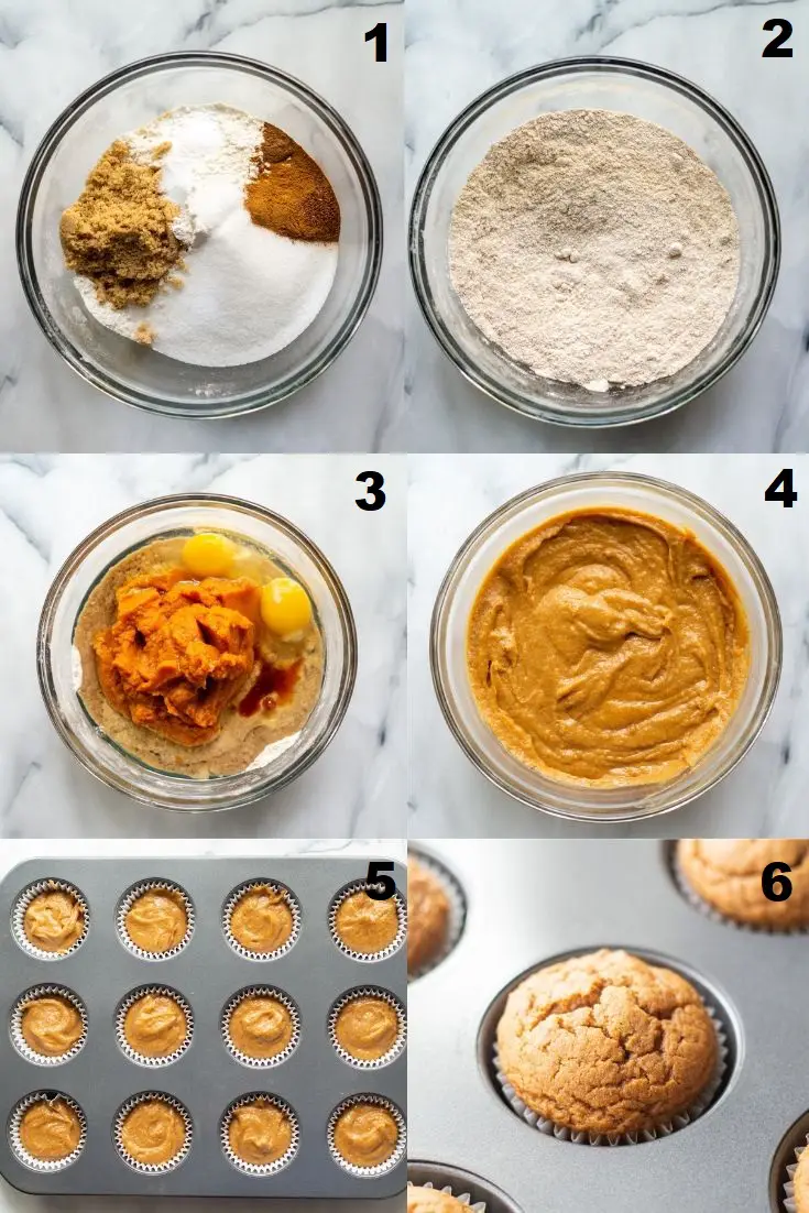 a collage of six photos showing how to make gluten-free pumpkin muffins