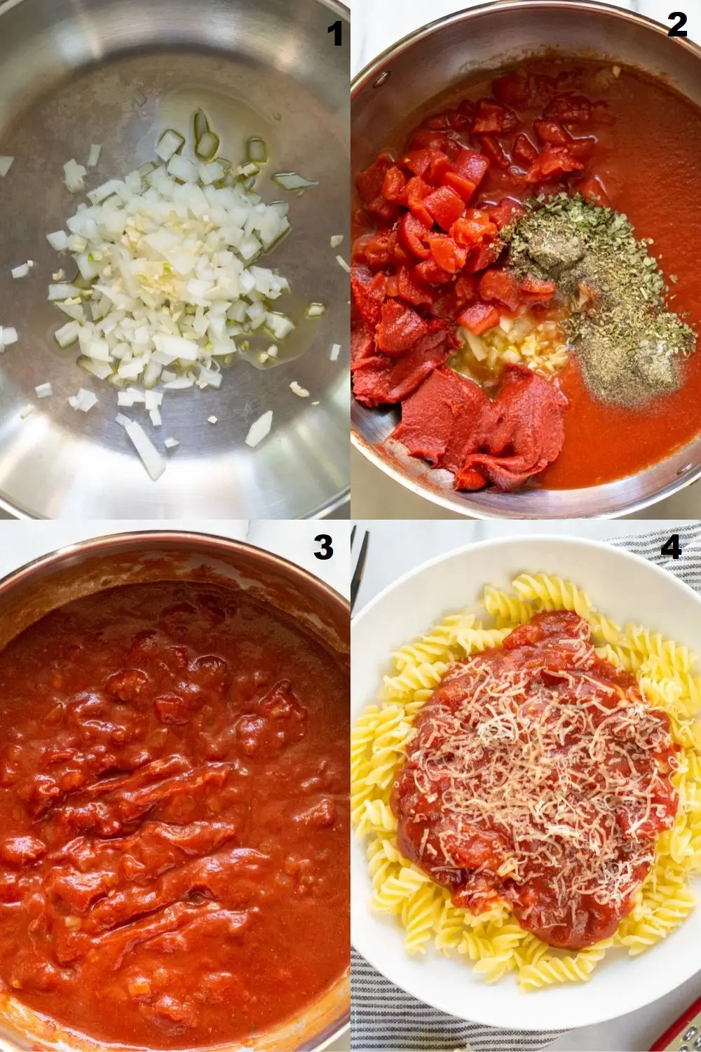 a collage of four photos showing the steps how to make gluten free spaghetti sauce