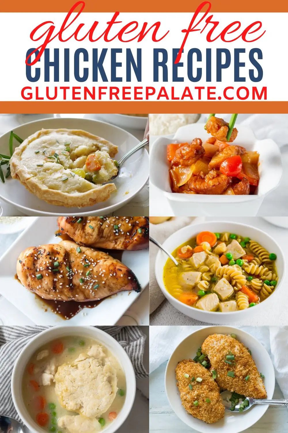 a pinterest pin collage of photos of gluten-free chicken recipes
