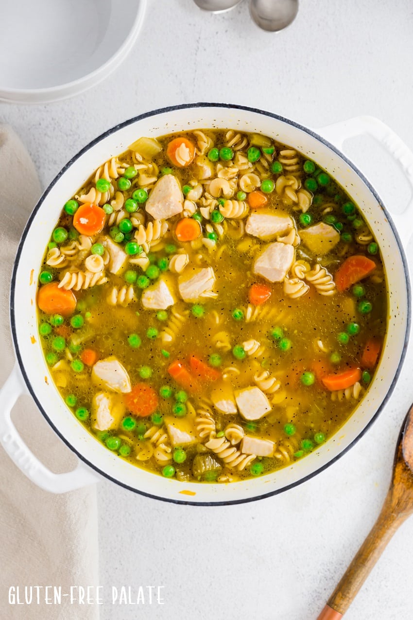 gluten free chicken noodle soup in a white pot