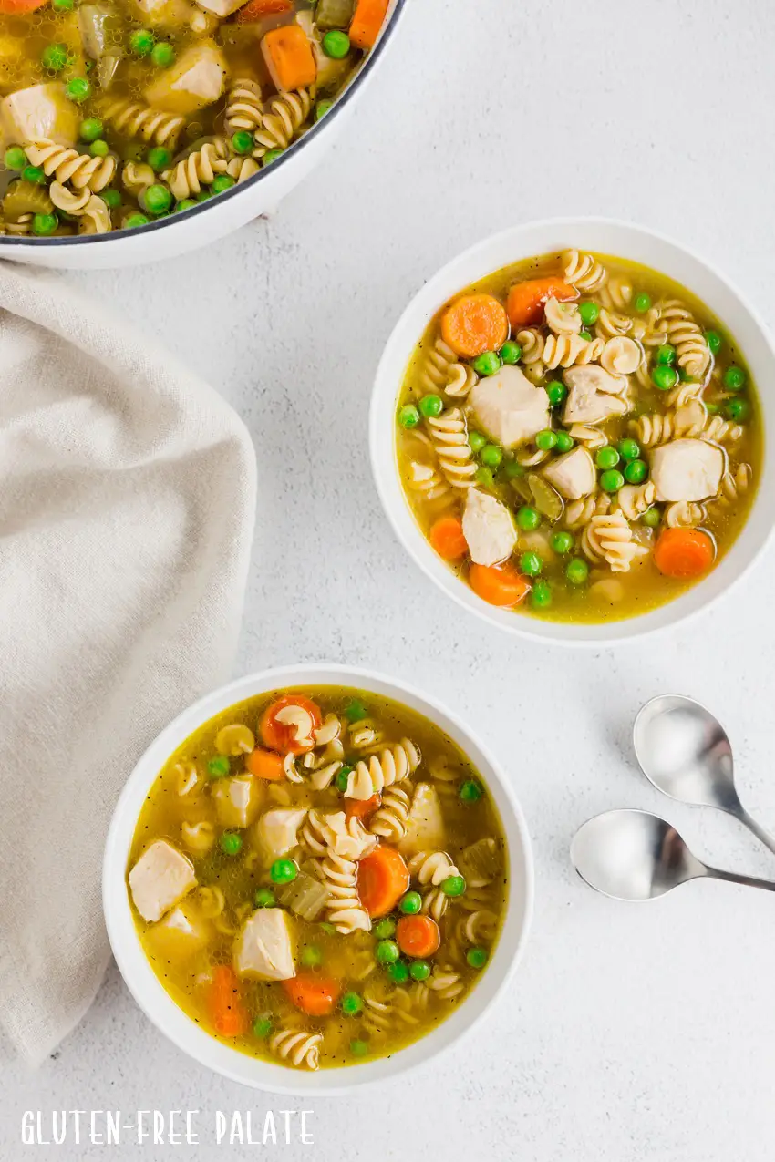 two bowls of gluten-free chicken noodle soup next to two spoons
