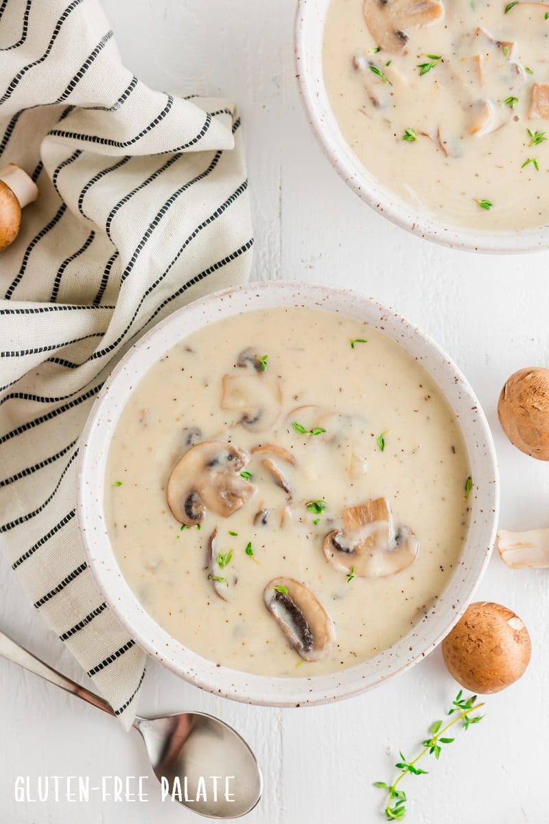 gluten-free cream of mushroom soup in a white bowl
