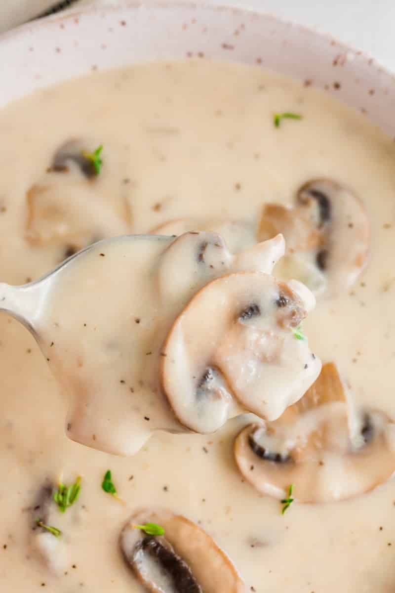 a spoon with a bite of gluten free cream of mushroom soup
