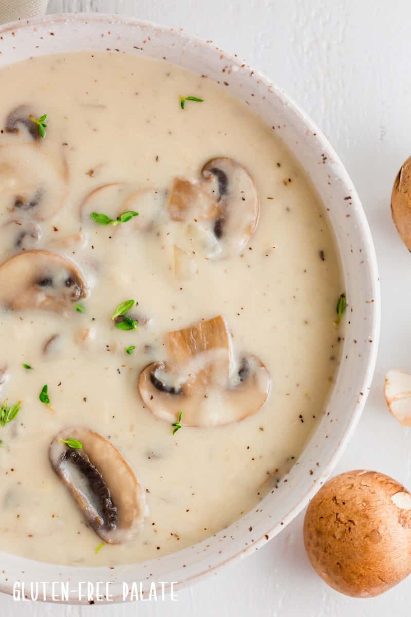 a close up of gluten-free cream of mushroom soup in a white bowl