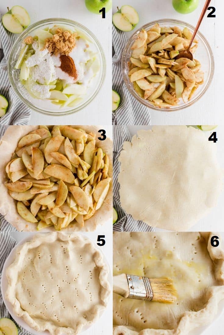 a collage of six photos showing the steps for how to make gluten free apple pie