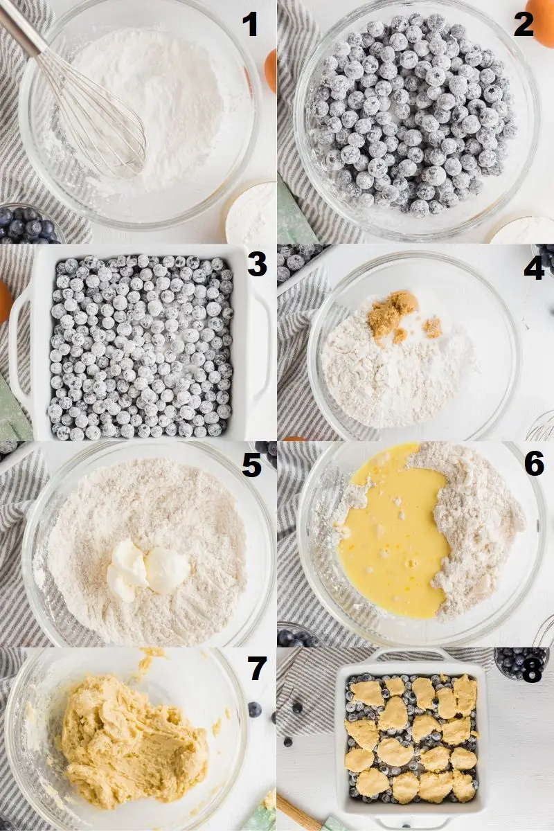 a collage of eight photos showing the steps how to make gluten-free blueberry cobbler