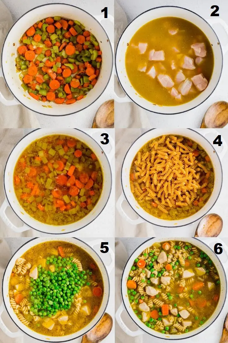 a collage of six photos showing the steps how to make gluten-free chicken noodle soup