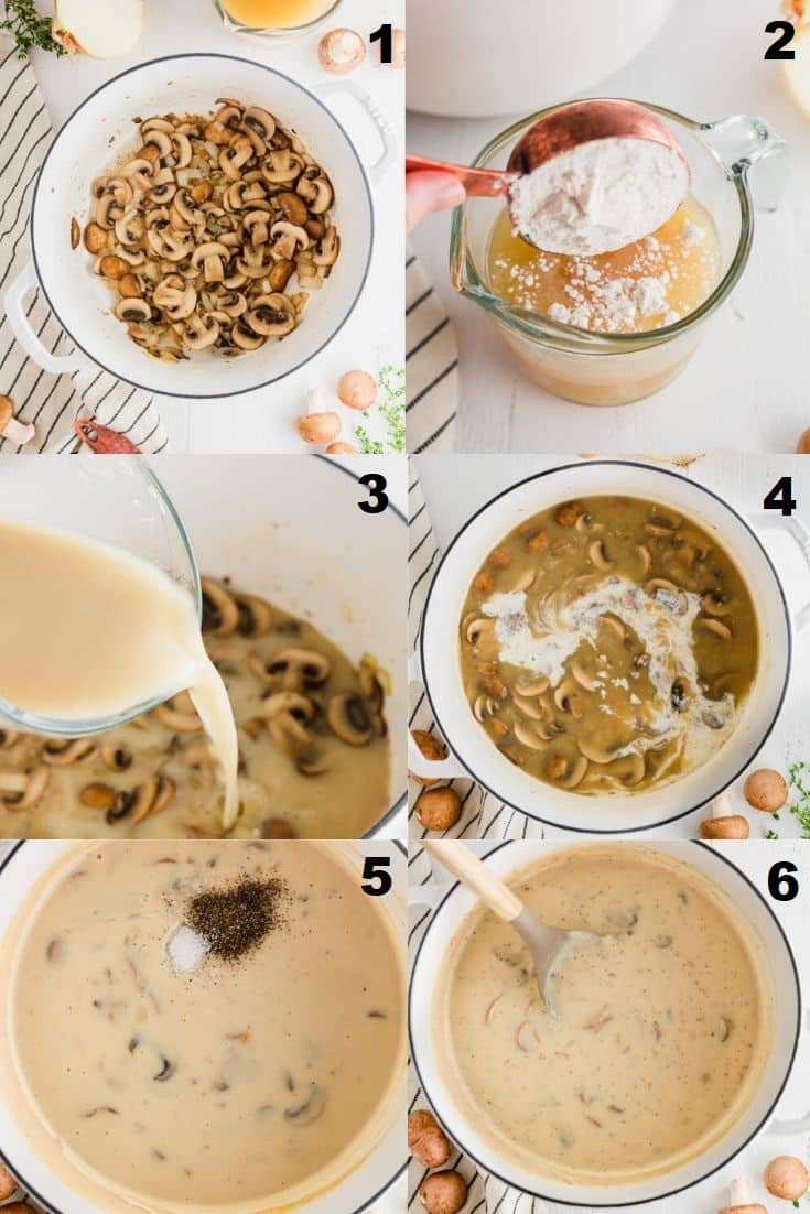 A collage of six photos showing how to make gluten-free cream of mushroom soup.