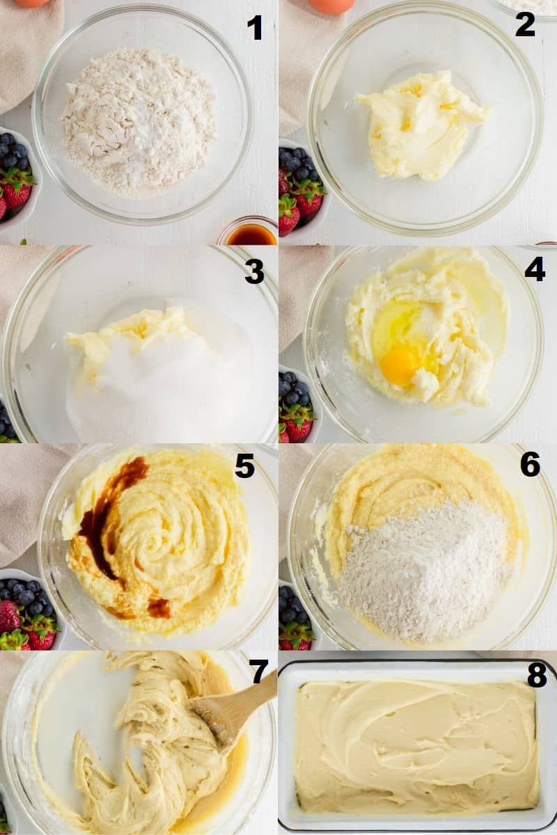 a collage of eight photos showing the steps how to make gluten free pound cake