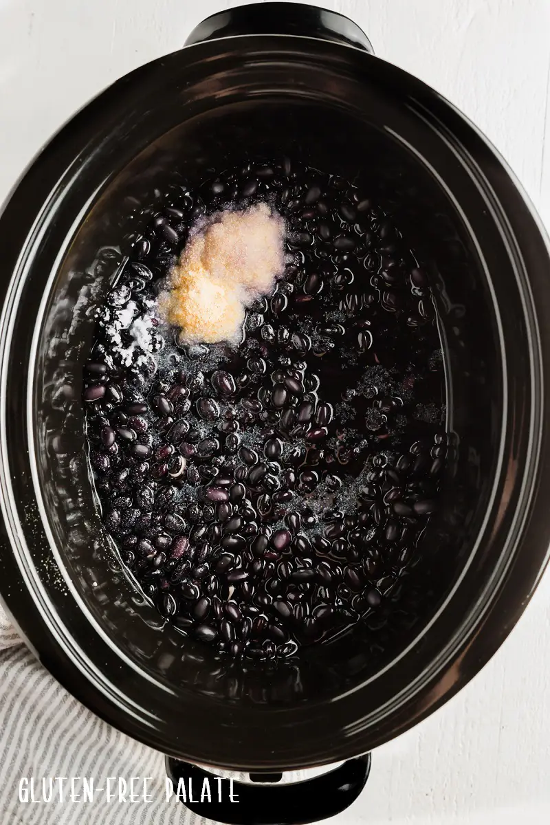 top down view of black beans and seasonings in a slow cooker