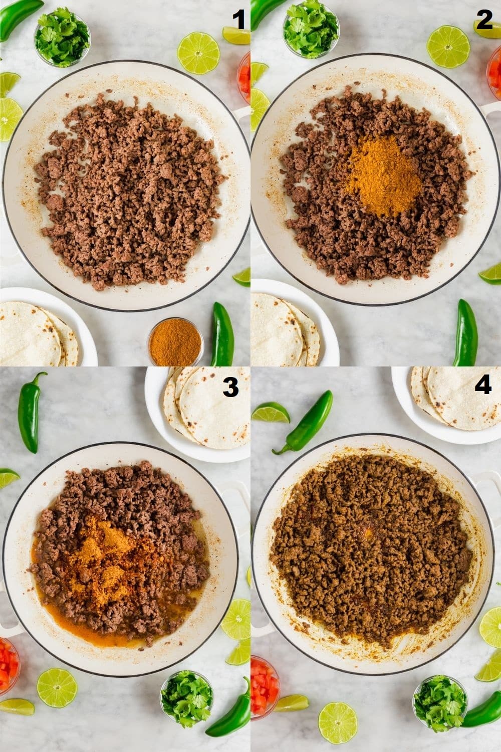 a collage of four photos showing the steps to make gluten free taco meat