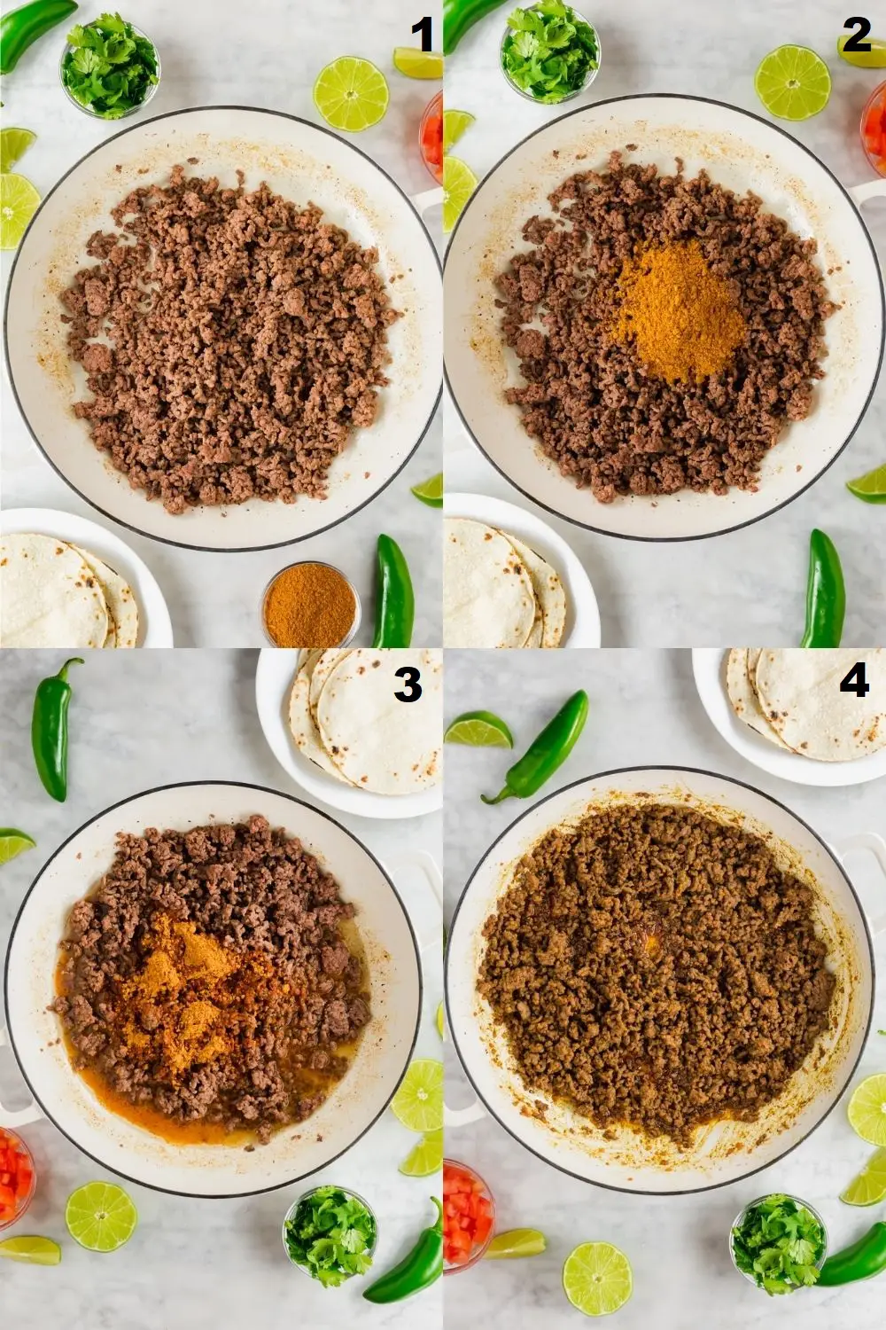a collage of four photos showing the steps to make gluten-free taco meat