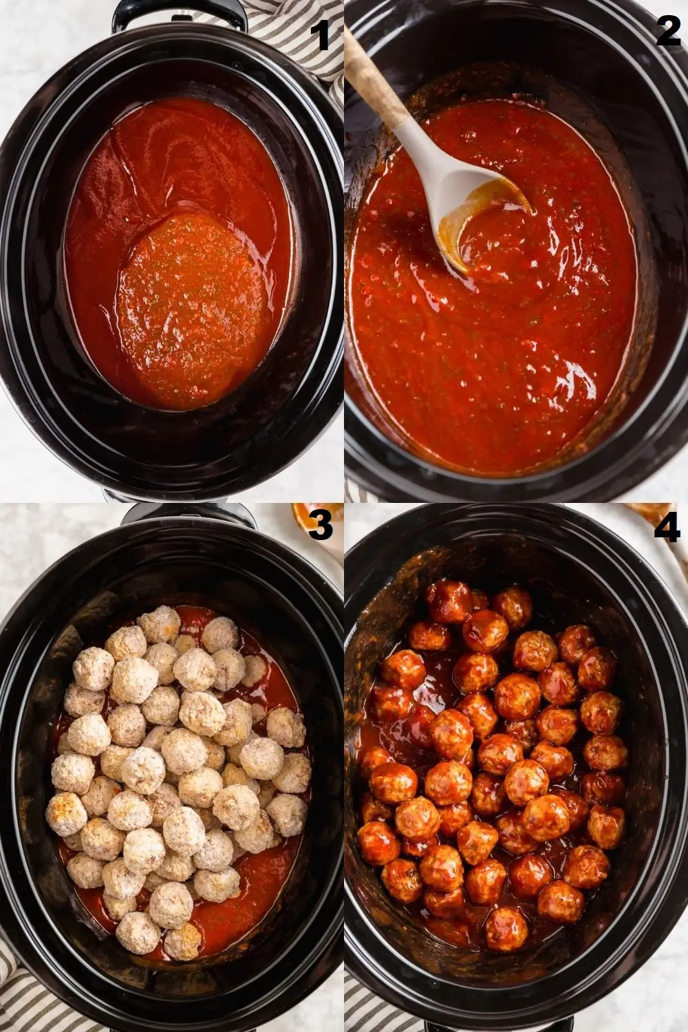 a collage of four photos showing the steps to make crockpot bbq meatballs