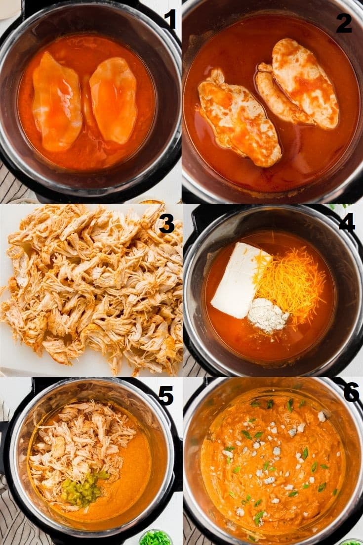 a collage of six photos showing the steps to make instant pot buffalo chicken dip