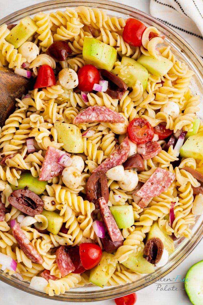 a close up of gluten free pasta salad to show the ingredients