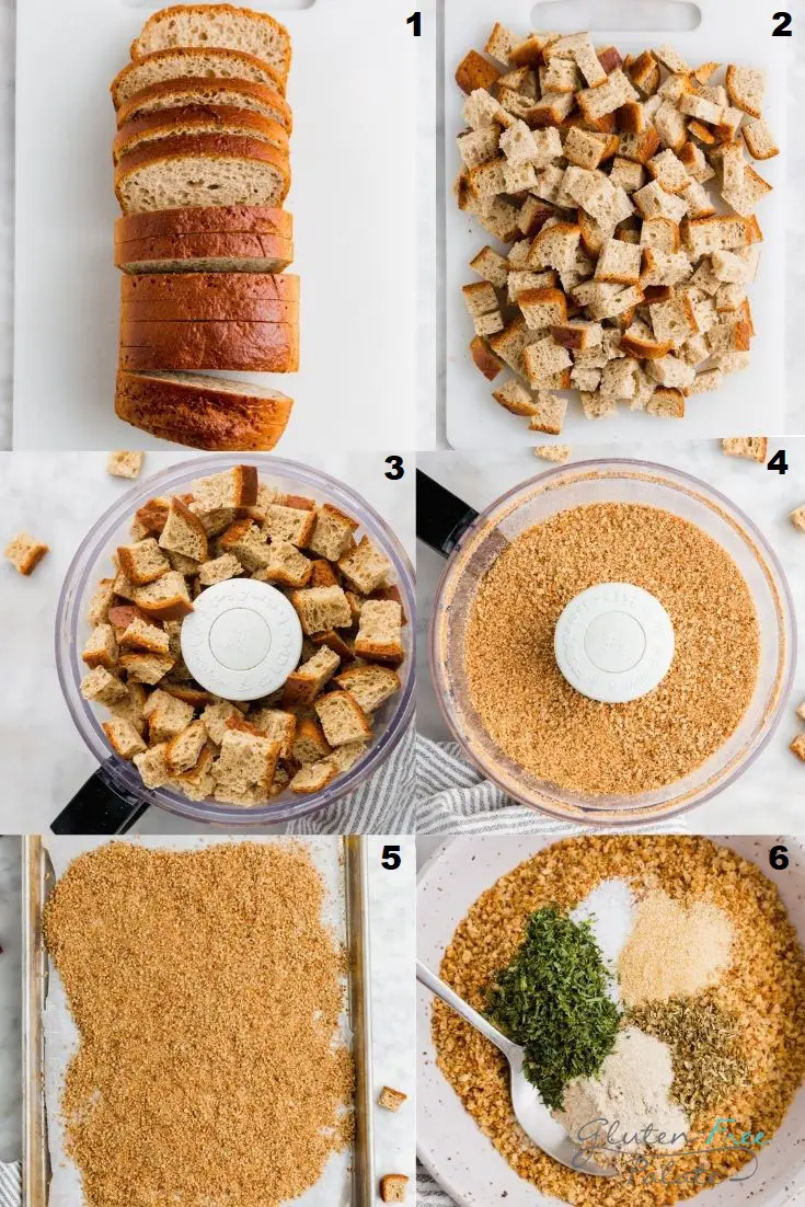 a collage of six photos showing the steps how to make gluten free bread crumbs