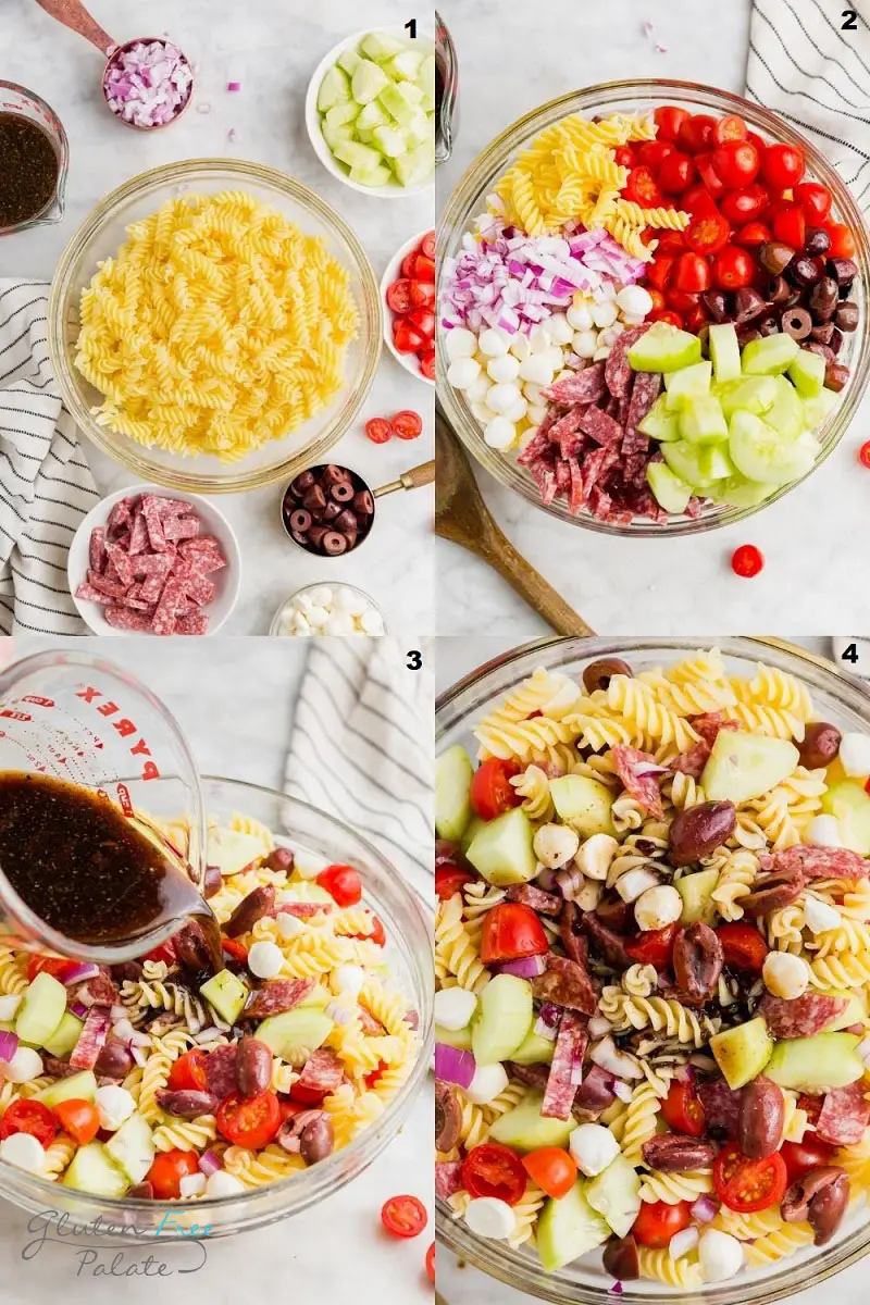a college of four photos showing the steps to make gluten free pasta salad