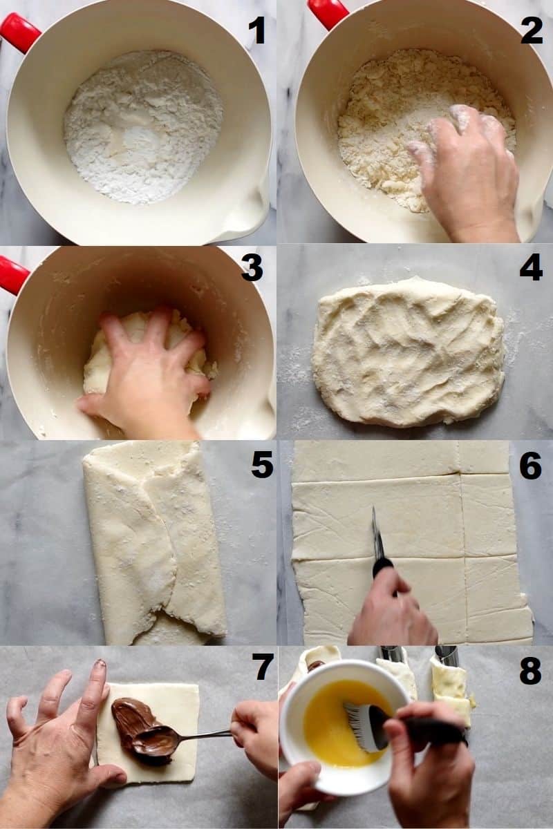 a collage of eight photos showing the steps to make gluten free puff pastry