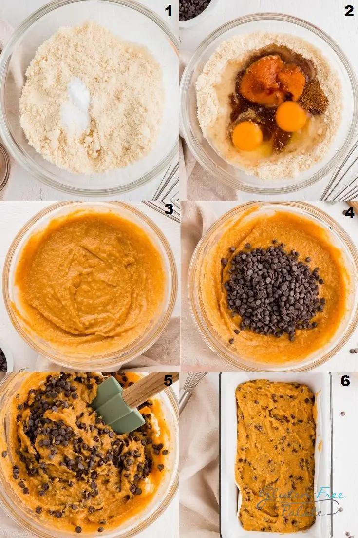 a collage of six photos showing how to make paleo pumpkin bread