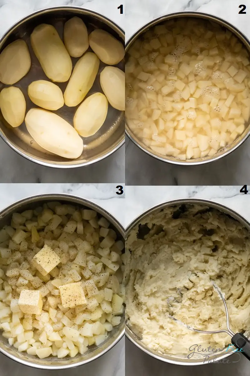 a collage of four photos showing how to make gluten free mashed potatoes