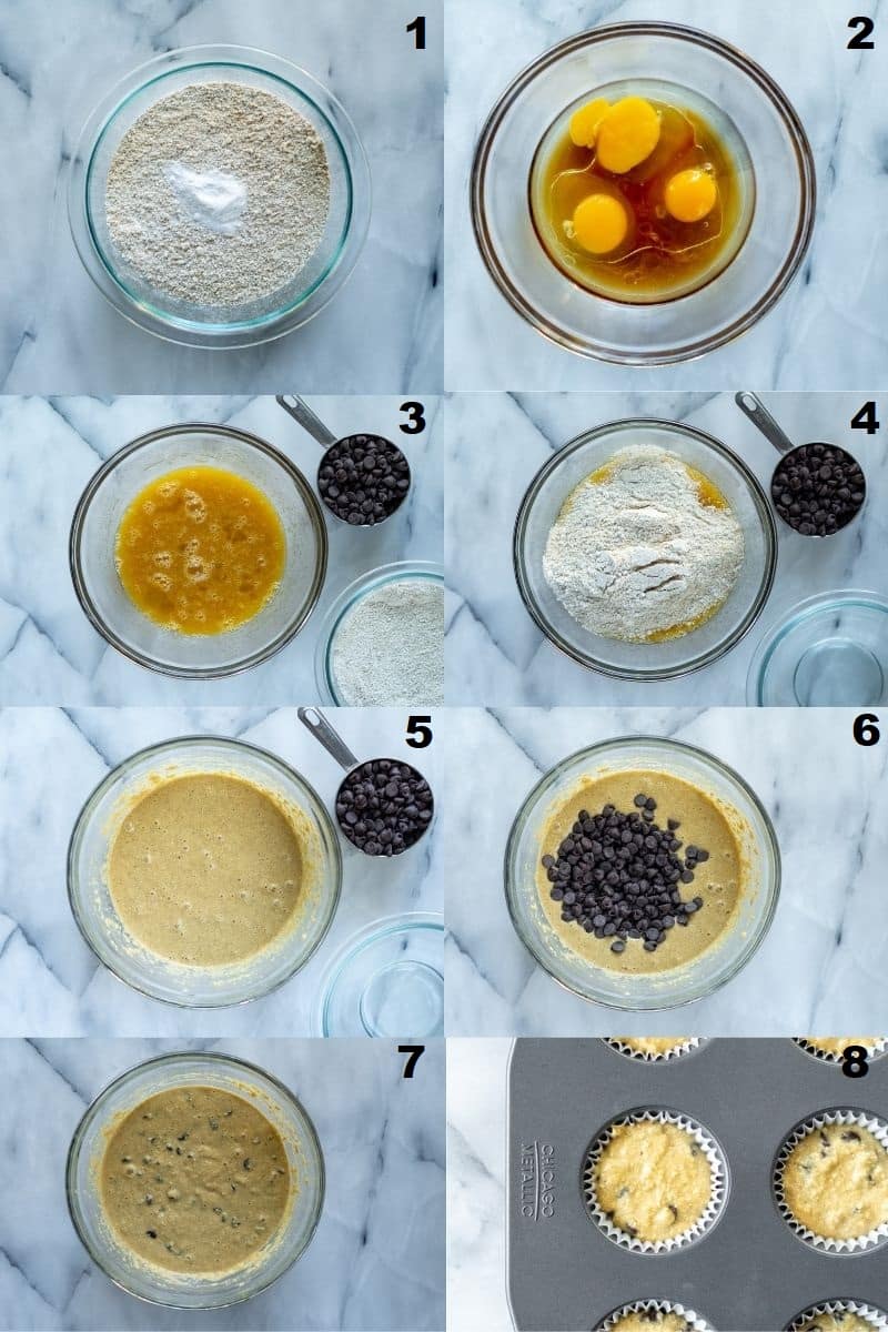 a collage of eight photos showing the steps to make oat flour muffins