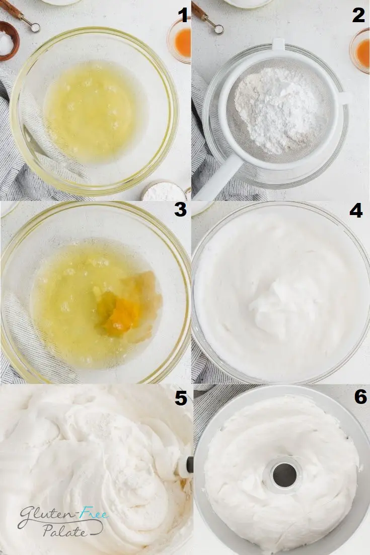 a collage of six photos showing the steps to make gluten-free angel food cake