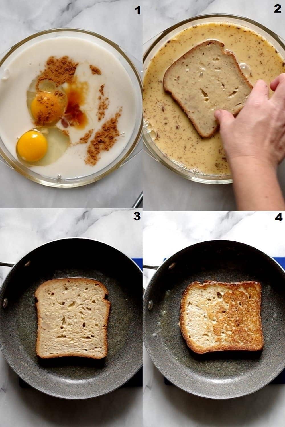 un collage de cuatro fotos que muestran cómo hacer tostadas francesas sin gluten