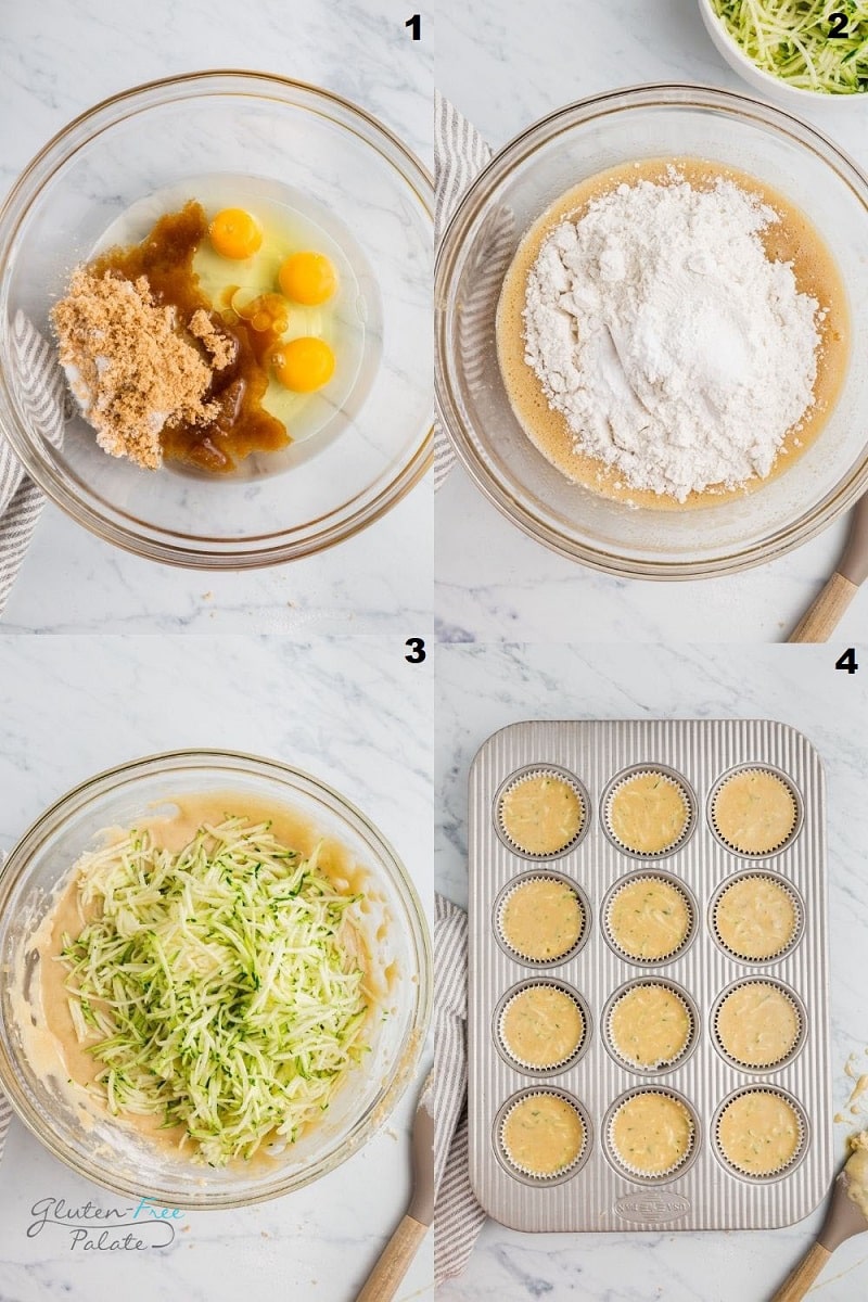 a collage of four photos showing how to make gluten free zucchini muffins