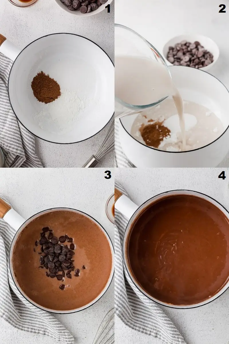 a collage of four photos showing the steps to make vegan chocolate pudding