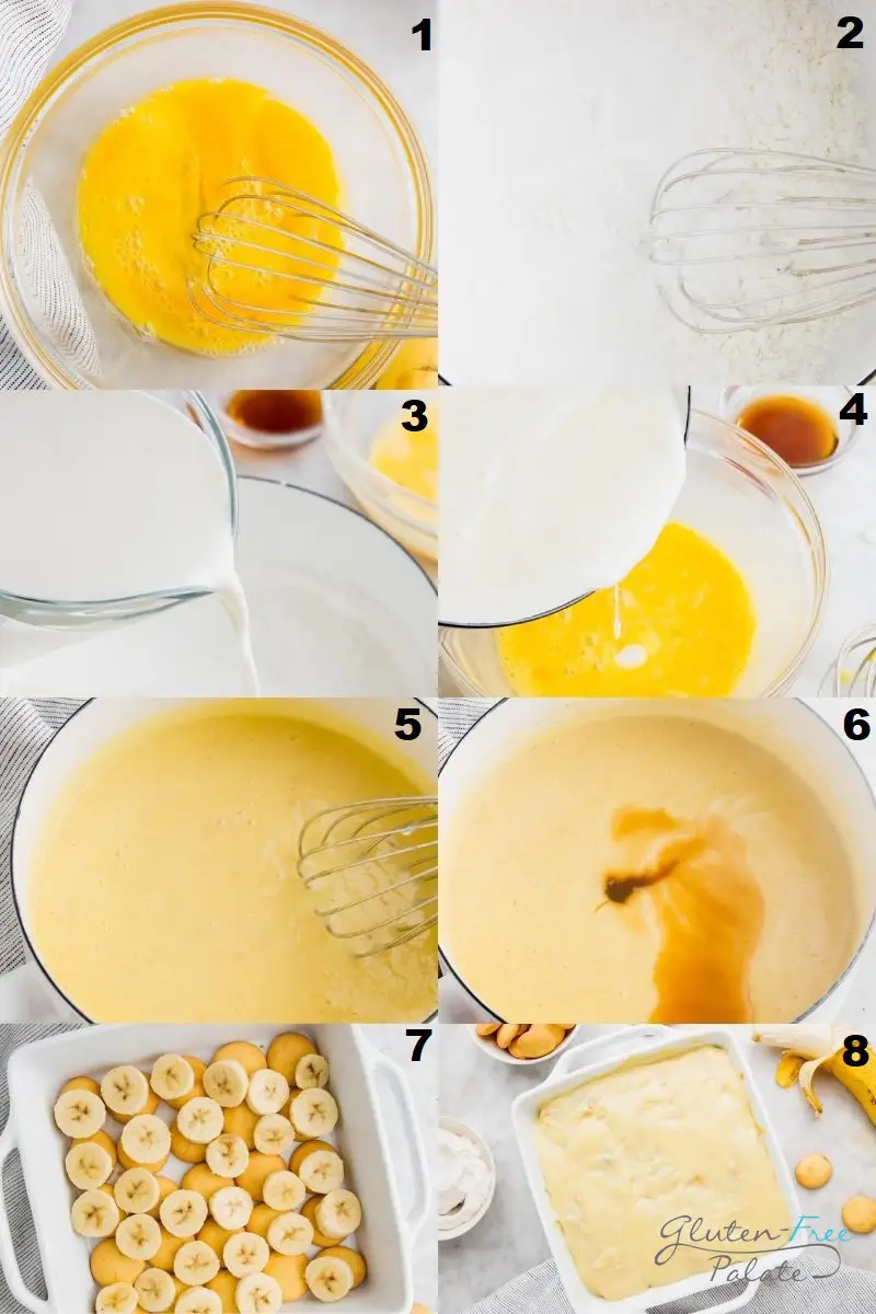 a collage of eight photos showing the steps how to make gluten free banana pudding
