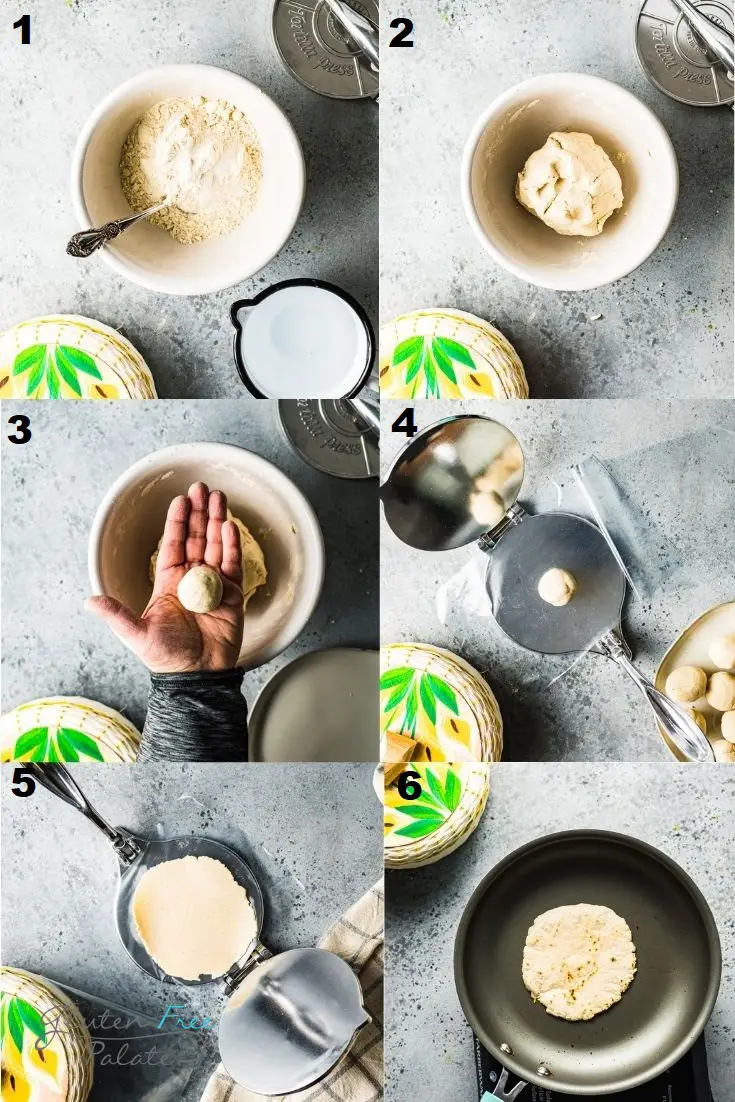 a collage of six photos showing how to make gluten-free corn tortillas