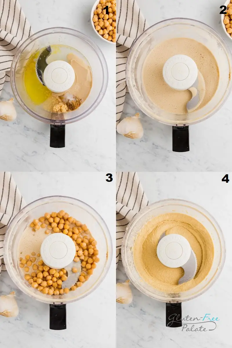 a collage of four photos showing the steps to make gluten free hummus
