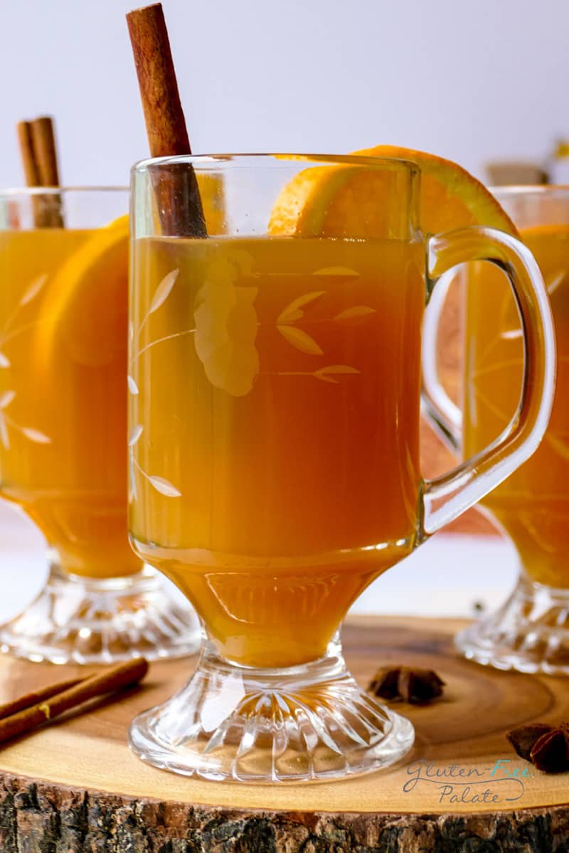 gluten free mulled cider in a glass with a cinnamon stick