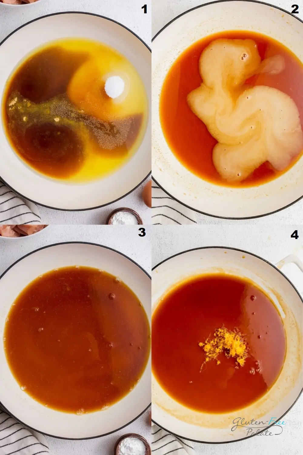 a collage of four photos showing the steps to make gluten-free orange sauce