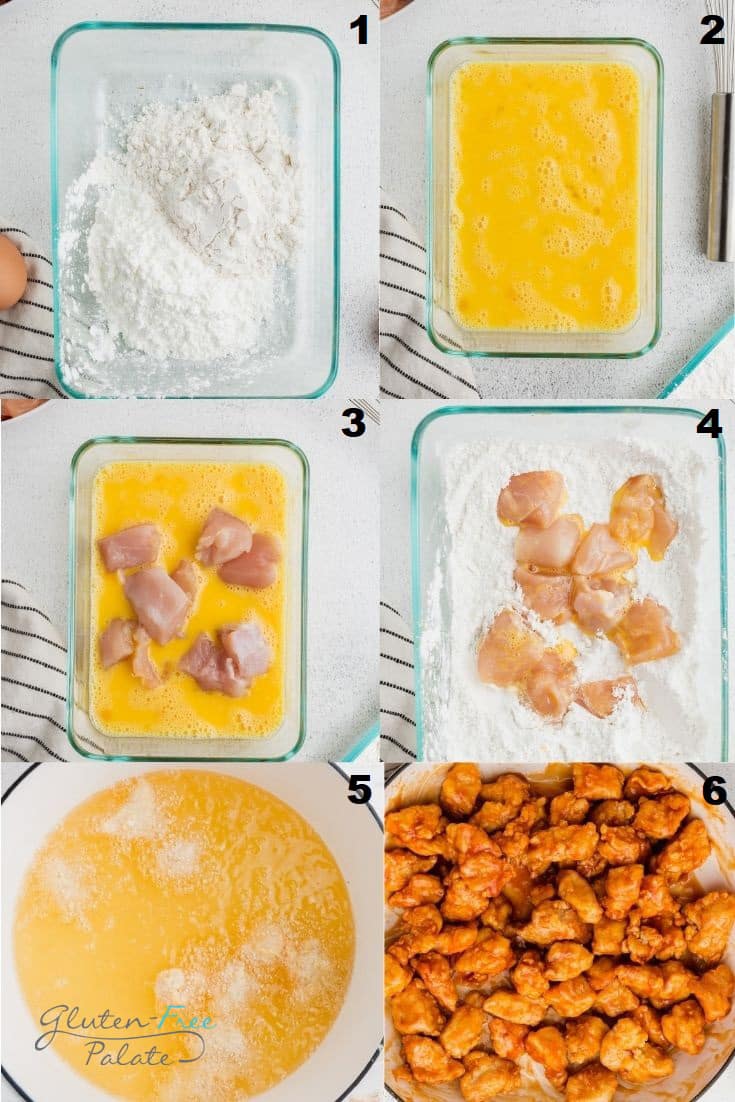 a collage of six photos showing the steps to make gluten free orange chicken