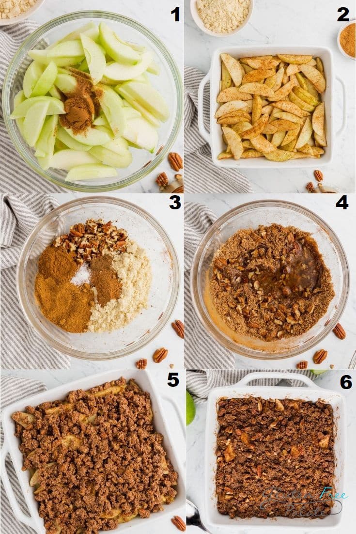 a collage of six photos showing the steps how to make paleo apple crisp