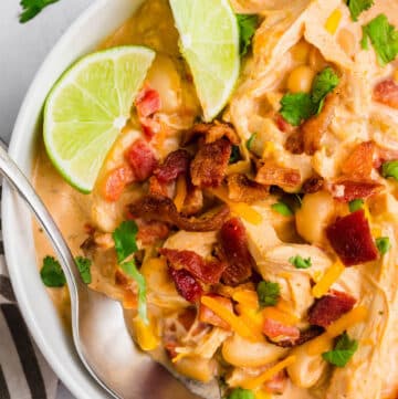 a close up of crack chicken chili in a bowl