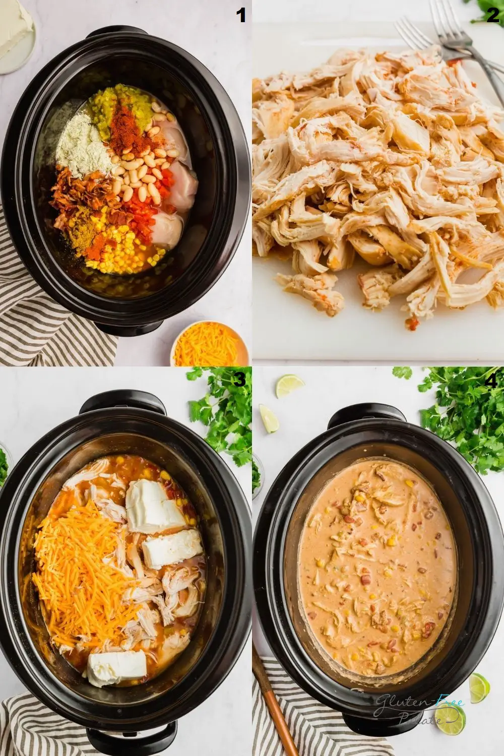 a collage of four photos showing the steps to make crack chicken chili