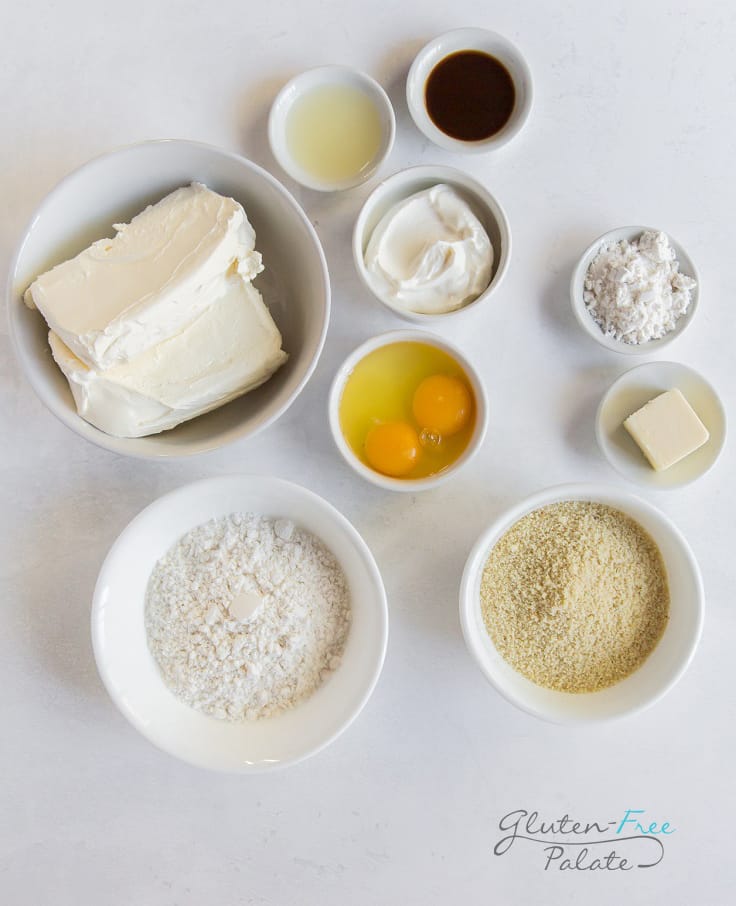 top down view of ingredients in gluten free cheesecake