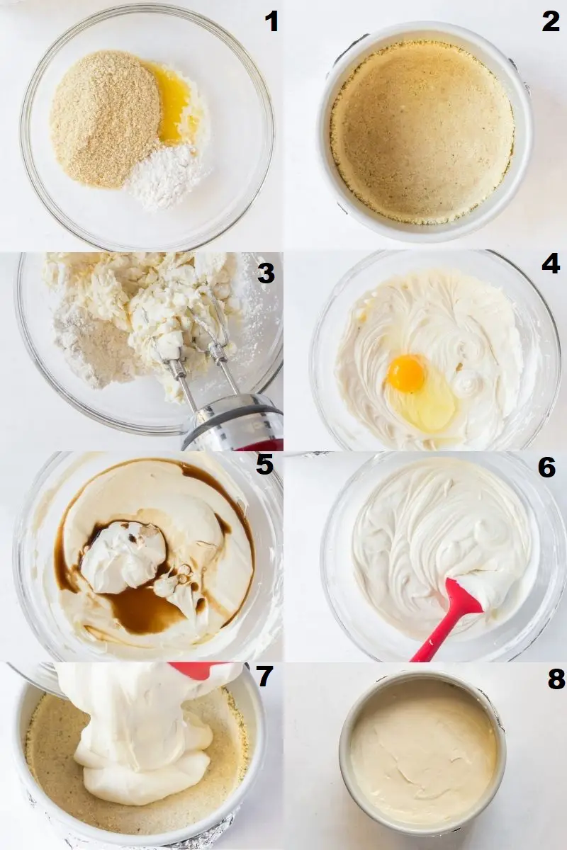 a collage of eight photos showing the steps to make gluten-free cheesecake