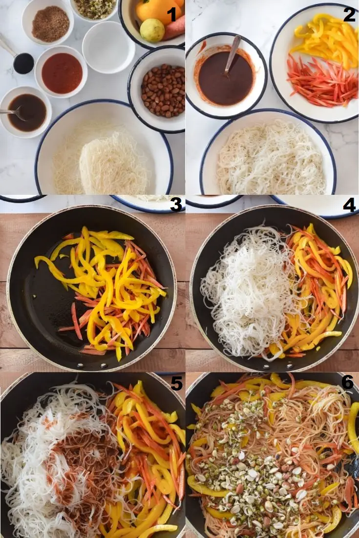 a collage of six photos showing the steps to make gluten free pad thai