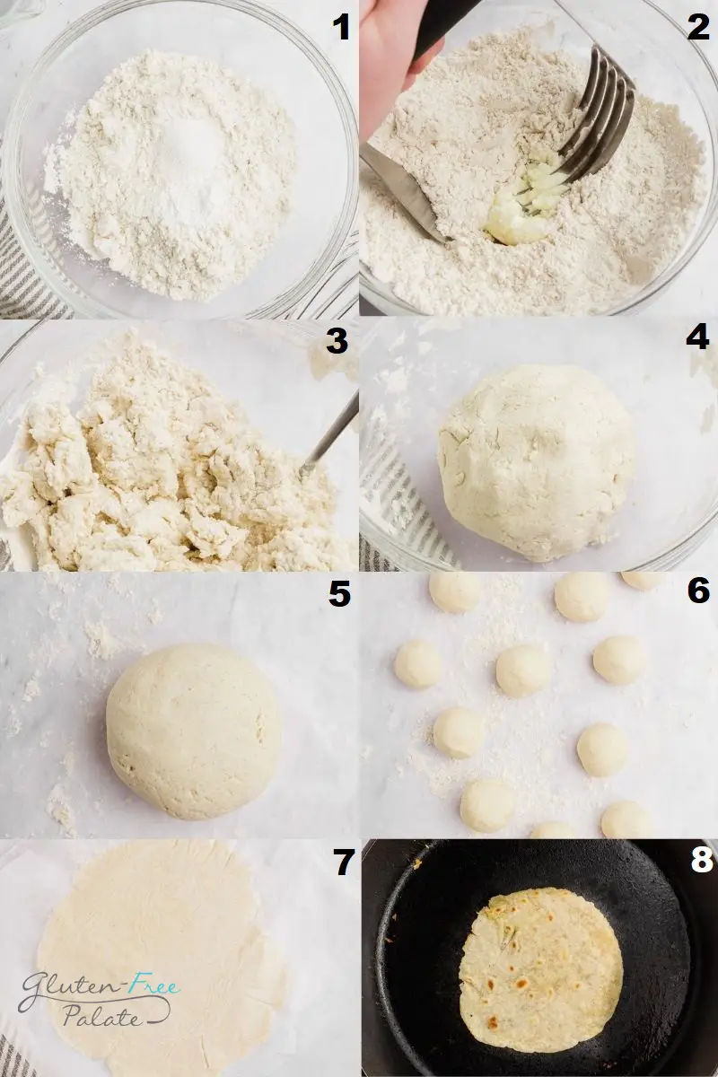 a collage of eight photos showing how to make gluten-free tortilla recipe