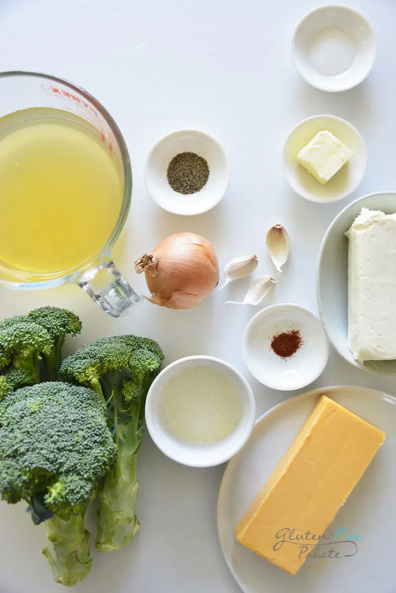 top down view of ingredients in a instant pot broccoli cheese soup