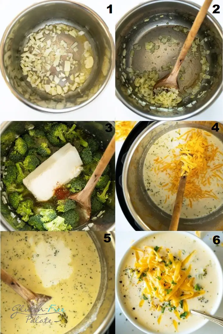a collage of six photos showing the steps to make instant pot broccoli cheese soup