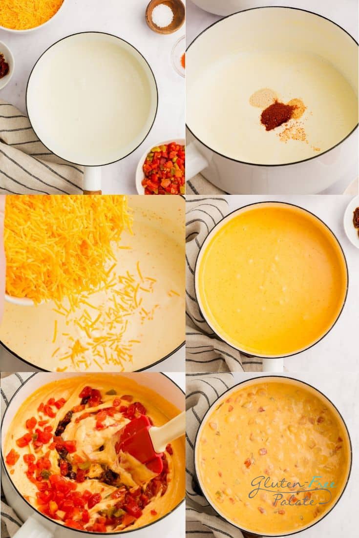 a collage of six photos showing how to make smoked queso